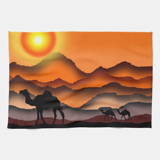 Sunset Desert Camel Serviette de cuisine (Horizontal)