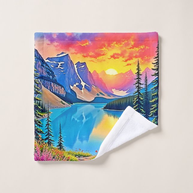 Sunset Mountain Lake Majesty Art (Gant de toilette)