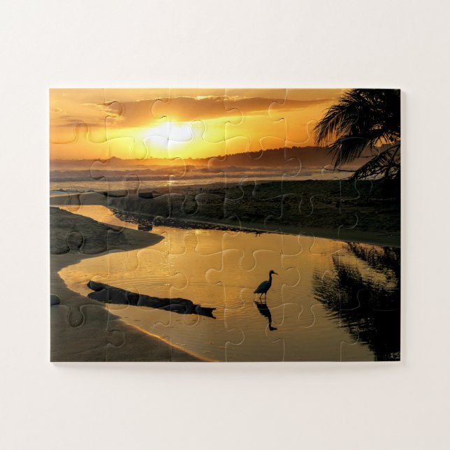 Sunset Ocean, Beach Pool Heron Reflection Puzzle (Horizontal)
