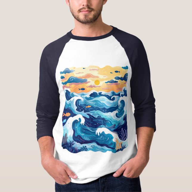 Sunset Ocean Waves T-Shirt – Artistic Sea and Sky  (Devant)