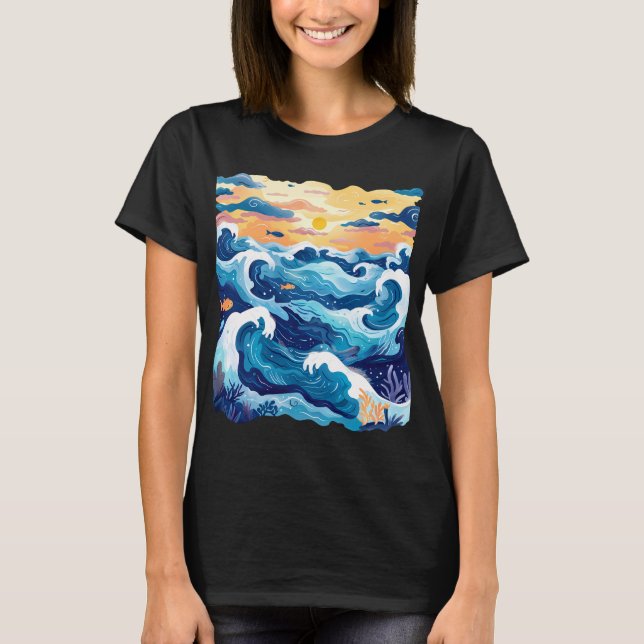 Sunset Ocean Waves T-Shirt – Artistic Sea and Sky  (Devant)