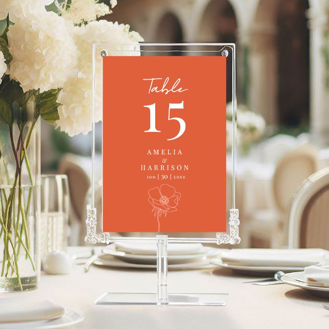 Sunset Orange Mariage élégant 5x7 Numéro de tablea (Sunset Orange Wedding Reception Table Number with Couple Names, Date, Delicate Flowers.)
