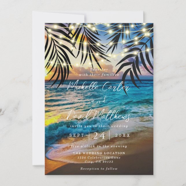 Sunset String Lights Beach Wedding Invitation (Devant)