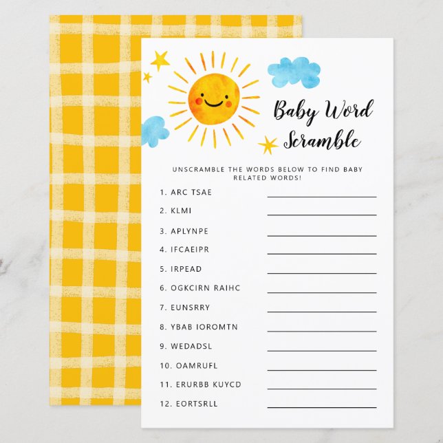 Sunshine Baby shower Word Scramble Jeu (Devant / Derrière)
