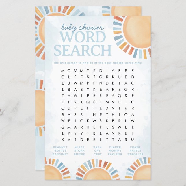 Sunshine Baby shower Word Search Jeu (Devant / Derrière)