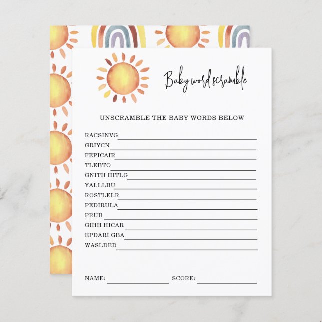 Sunshine Baby Word Scramble | Jeu Baby shower (Devant / Derrière)