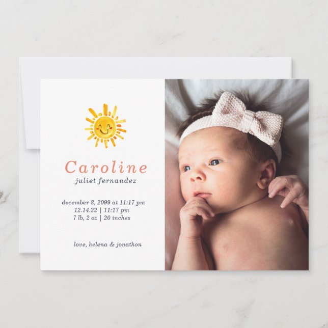 Sunshine Nom primaire Faire-part de naissance bébé (Devant)