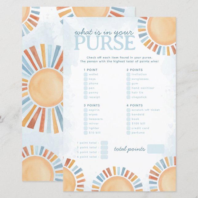 Sunshine What's in Your Purse Baby shower Game (Devant / Derrière)