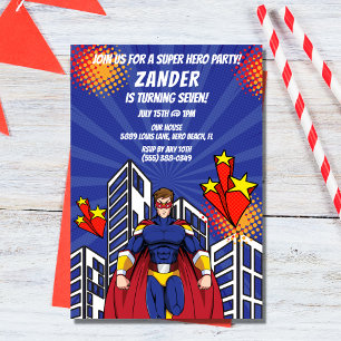 Supehero Skyline Boy Invitation de fête d'annivers