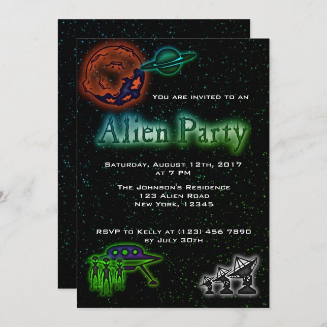 Super Cool Alien et Invitation du parti UFO (Devant / Derrière)