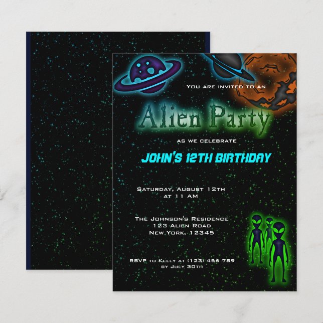 Super Cool Alien Invitation de fête d'anniversaire (Devant / Derrière)