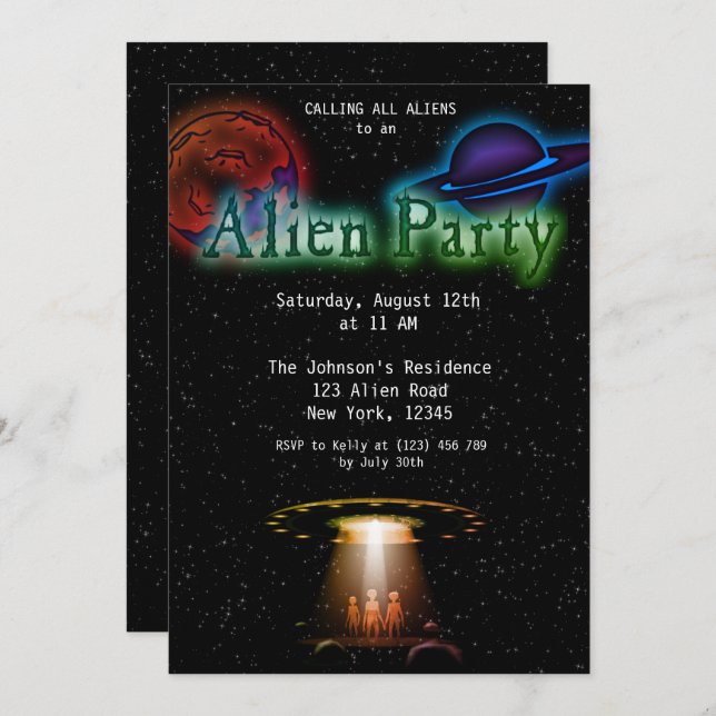 Super Cool Alien & UFO Invitation (Devant / Derrière)
