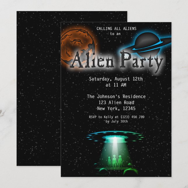 Super Cool Alien & UFO Invitation (Devant / Derrière)