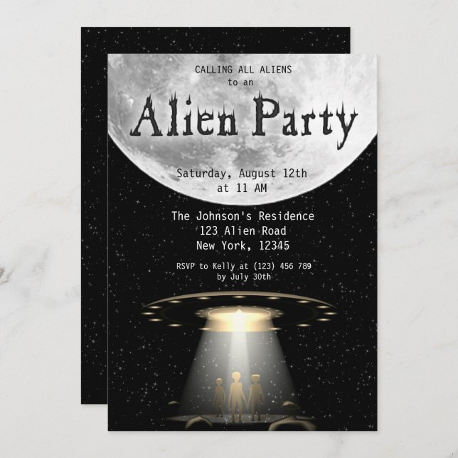 Super Cool Black & White Alien & UFO Invitation de (Devant / Derrière)