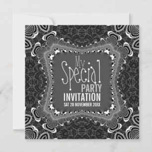 Super Damask Twist Black White Party Invitations