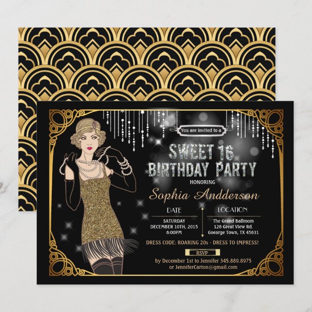 Super Gatsby doux invitation de fête de 16 ans (Devant / Derrière)