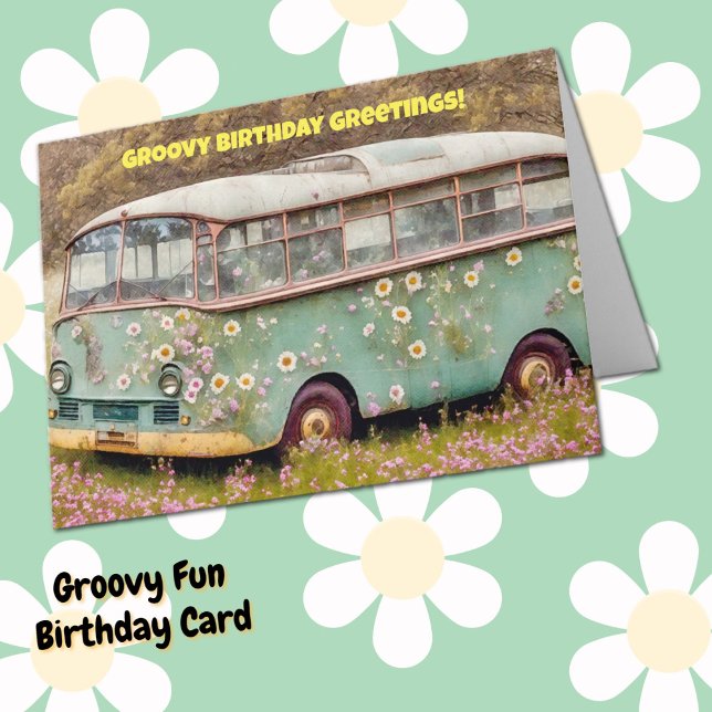 Super Hippie Van Bus Fun Carte d'anniversaire (Fun Groovy Hippie Style Birthday Card.)