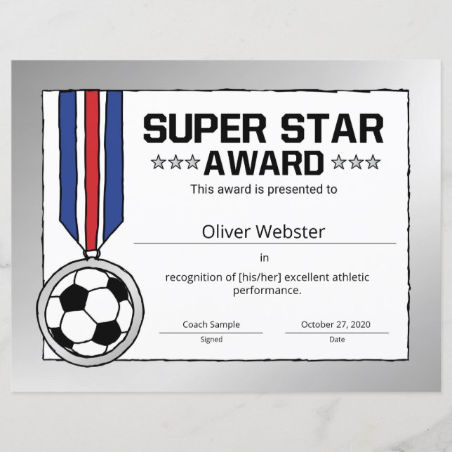 Super Star Soccer Player Award Certificat de socce (Devant)