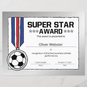 Super Star Soccer Player Award Certificat de socce