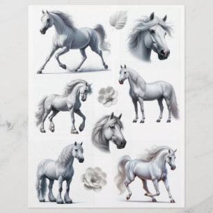 Superbe aquarelle Cheval blanc & Fleurs