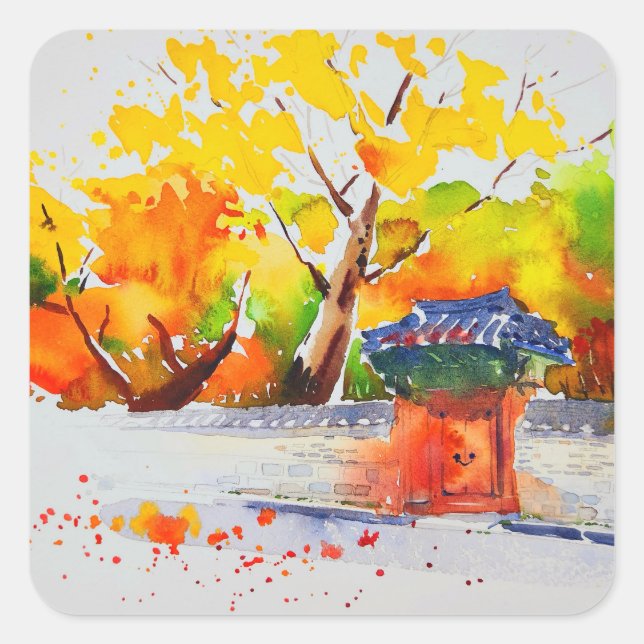 Superbe décors d'automne autocollant aquarelle (Devant)