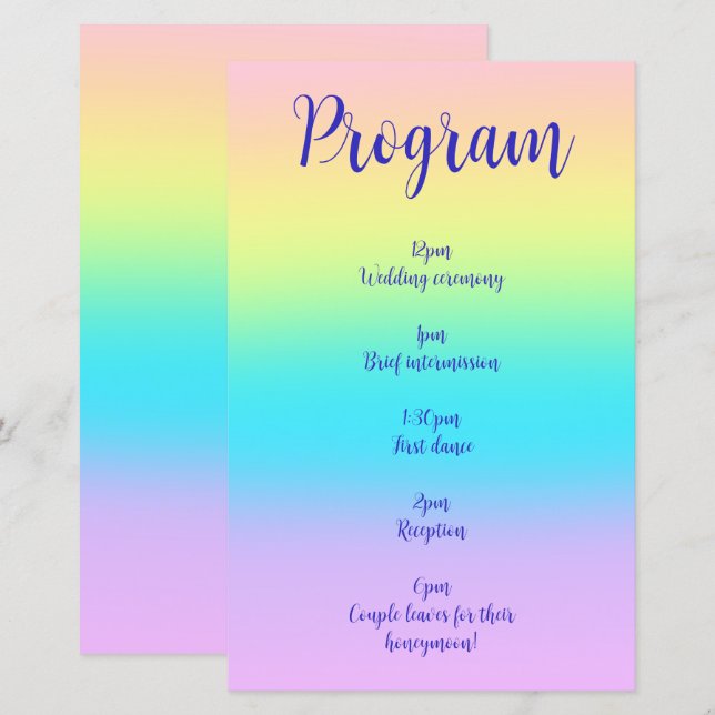 Superbe Pastel Rainbow Gradient Wedding Programme (Devant / Derrière)