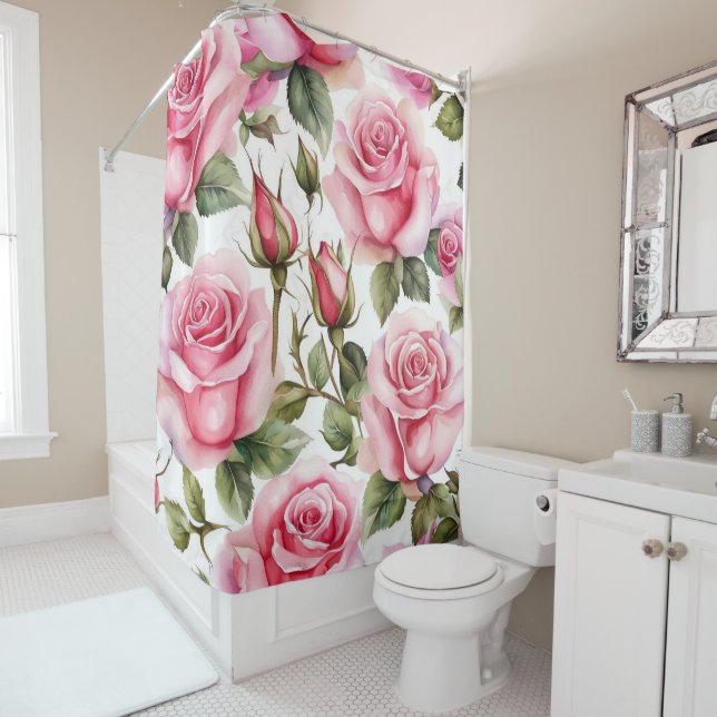 Superbe rideau de douche rose roses (En situation)