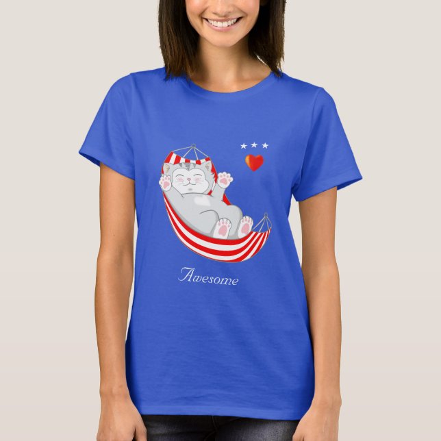 Superbe T-Shirt avec un chat mignon dans un hamac (Devant)