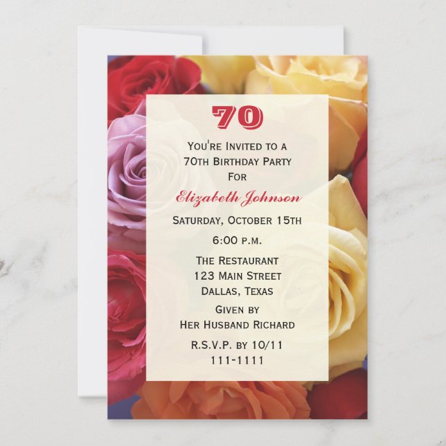 Superbes Roses 70e anniversaire de fête Invitation (Devant)