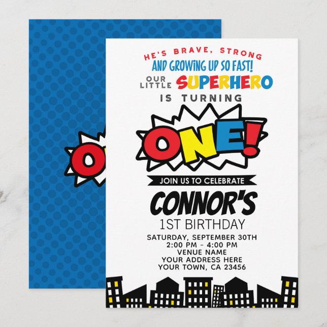 Superhero 1er anniversaire Invitation (Devant / Derrière)