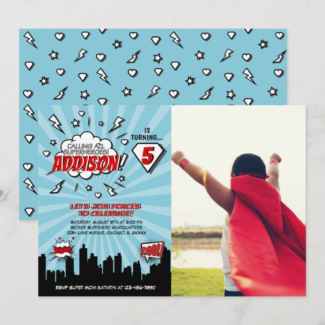 Superhero Comic Anniversaire Fête Photo Invitation (Devant / Derrière)