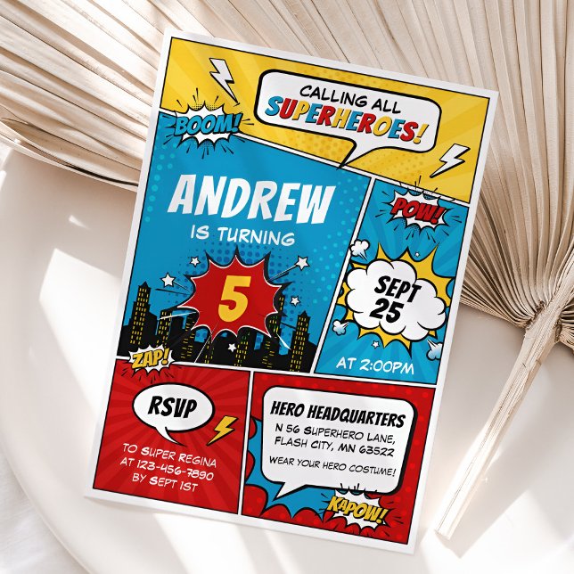 Superhero Comic Invitation d'anniversaire garçon (Superhero Comic Birthday Invitation for Boy)