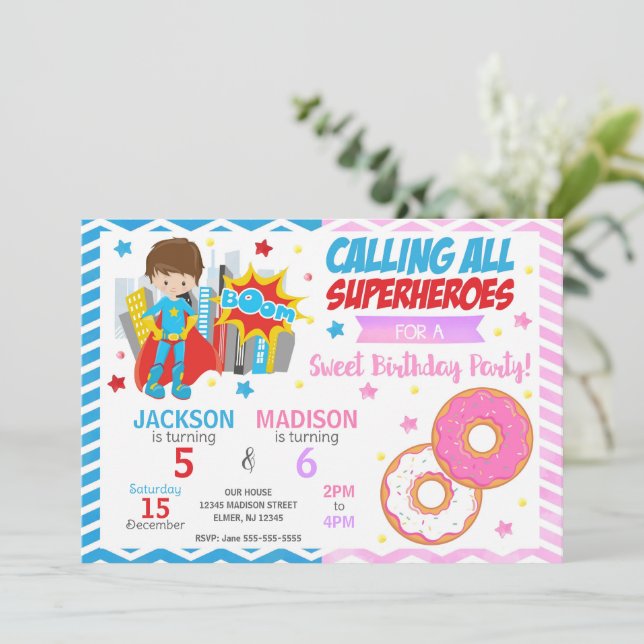 Superhero & Donut Joint Birthday Invitation (Debout devant)