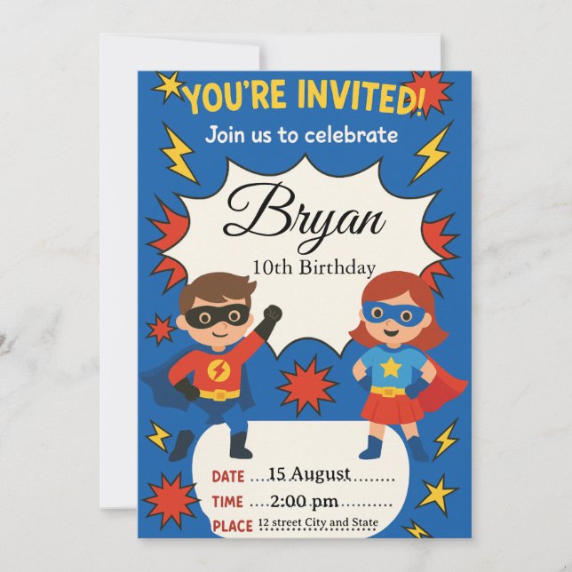 Superhero Kids Birthday Invitation | Comic Style B (Devant)