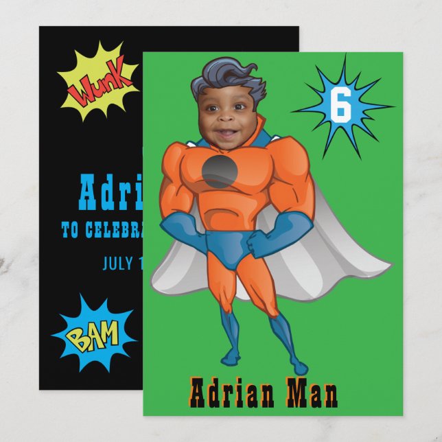 Superhero Orange Invitation d'anniversaire (Devant / Derrière)