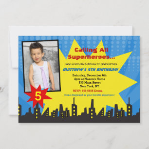 Superhero Photo Invitations de fête d'anniversaire