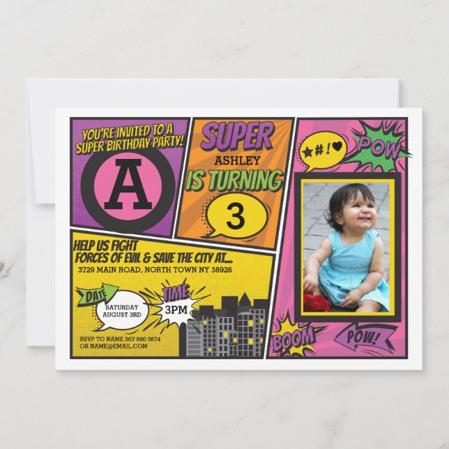 Superhero Pink Girl's Invitation Super Hero Invita (Devant)