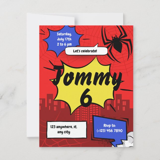 Superhero Spider Birthday Invitation Kids Party  (Devant)
