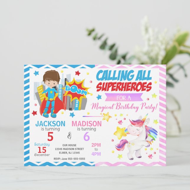 Superhero & Unicorn Joint Birthday Invitation (Debout devant)