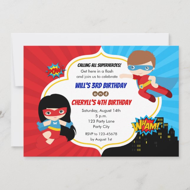 Superhéros Invitations d'anniversaire (Twins Boy G (Devant)