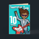 Superstar Son 10e anniversaire aqua carte garçon<br><div class="desc">Cette carte dit "Superstar Son 10 aujourd'hui. À l'intérieur : "Joyeux anniversaire". Ou customisez avec vos propres mots. Carte amusante conçue exclusivement par Sarah Trett.</div>
