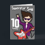 Superstar Son 10e anniversaire gris carte garçon r<br><div class="desc">Cette carte dit "Superstar Son 10 aujourd'hui. Intérieur: "Joyeux anniversaire". Ou customisez avec vos propres mots. Carte amusante avec un garçon aux cheveux foncés et à la peau claire illustration et design par Sarah Trett.</div>