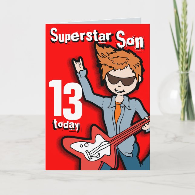Superstar Son 11e anniversaire carte garçon rouge (Devant)