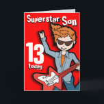 Superstar Son 11e anniversaire carte garçon rouge<br><div class="desc">Cette carte dit "Superstar Son 13 aujourd'hui. À l'intérieur : "Joyeux anniversaire". Ou customisez avec vos propres mots. Carte amusante conçue exclusivement par Sarah Trett.</div>