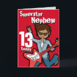 Superstar Son 11e anniversaire gris carte garçon<br><div class="desc">Cette carte a lu Superstar Nephew 13 aujourd'hui. Intérieur: Joyeux anniversaire ou vous pouvez customiser avec vos propres mots. Amusant garçon aux cheveux foncés rouge jouant sa carte de guitare électrique avec l'art original et conçu par Sarah Trett pour www.mylittleeden.com</div>