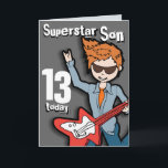 Superstar Son 11e anniversaire gris carte garçon<br><div class="desc">Cette carte dit "Superstar Son 13 aujourd'hui. À l'intérieur : "Joyeux anniversaire". Ou customisez avec vos propres mots. Carte amusante conçue exclusivement par Sarah Trett.</div>
