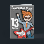 Superstar Son 11e anniversaire gris carte garçon<br><div class="desc">Cette carte dit "Superstar Son 13 aujourd'hui. À l'intérieur : "Joyeux anniversaire". Ou customisez avec vos propres mots. Carte amusante conçue exclusivement par Sarah Trett.</div>