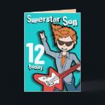 Superstar Son 12e anniversaire aqua carte garçon<br><div class="desc">Cette carte dit "Superstar Son 12 aujourd'hui. À l'intérieur : "Joyeux anniversaire". Ou customisez avec vos propres mots. Carte amusante conçue exclusivement par Sarah Trett.</div>