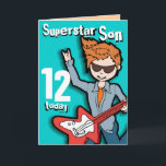 Superstar Son 12e anniversaire aqua carte garçon<br><div class="desc">Cette carte dit "Superstar Son 12 aujourd'hui. À l'intérieur : "Joyeux anniversaire". Ou customisez avec vos propres mots. Carte amusante conçue exclusivement par Sarah Trett.</div>