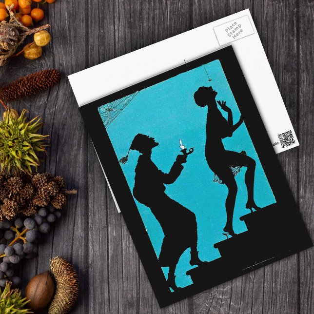 Sur La Carte Postale Étapes Éffrayantes (Spooky couple in black silhouette on stairs with candle spiders on deep aqua and black postcard.)